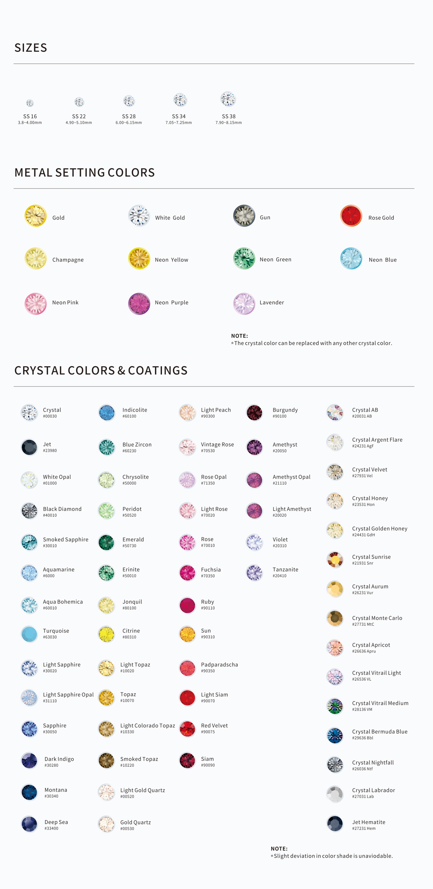 Snag-Proof Rhinestone Settings -  size and color 