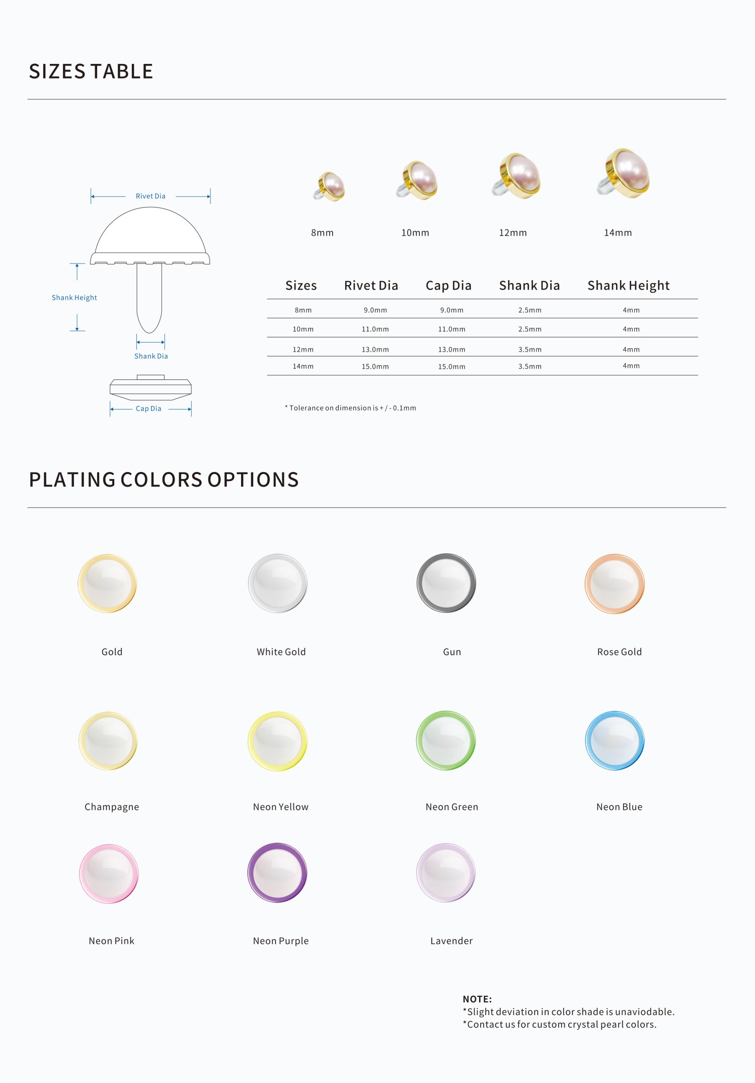 Flat Pearl Rivet - size and color