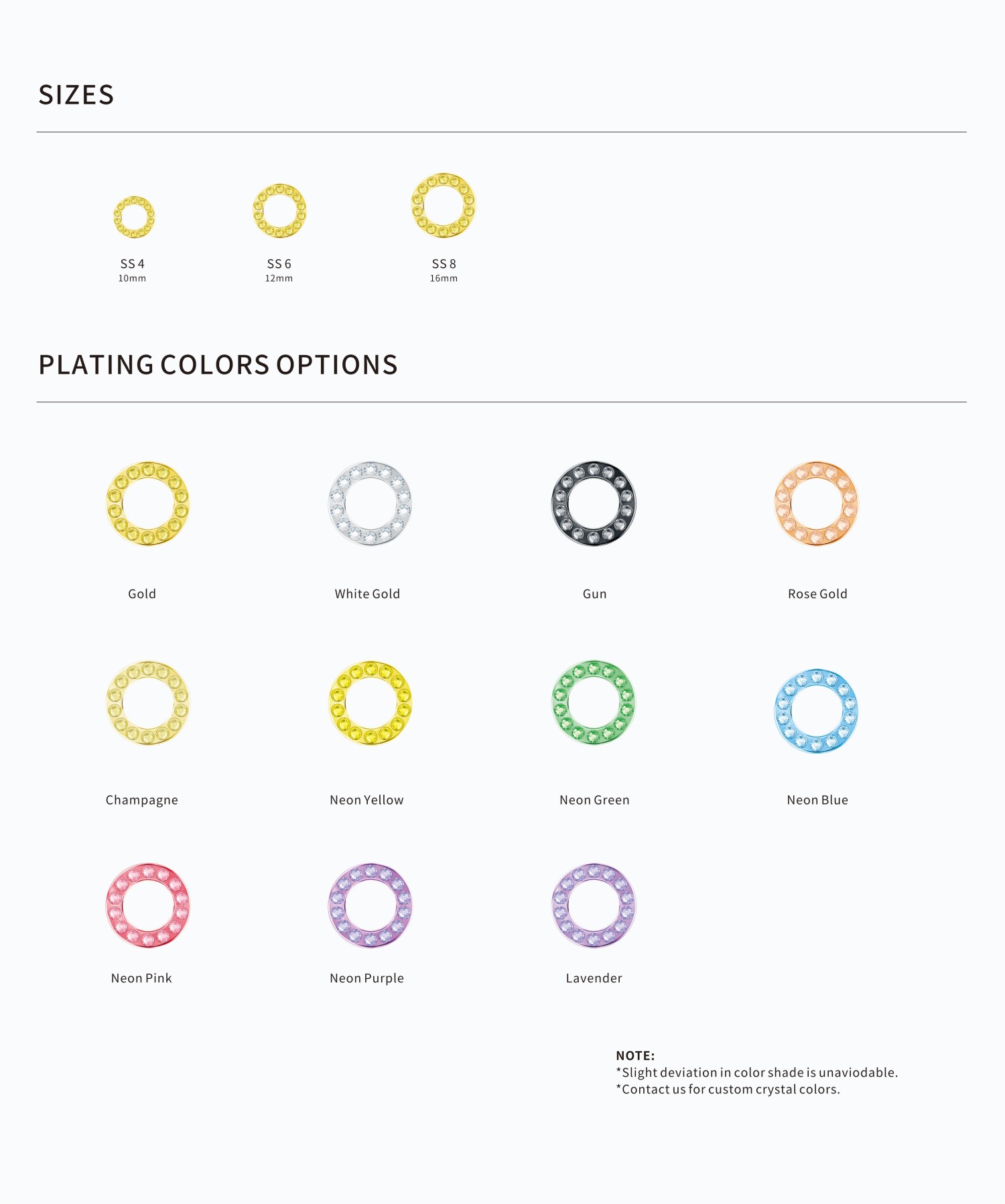 Crystal Eyelets - size and plating color